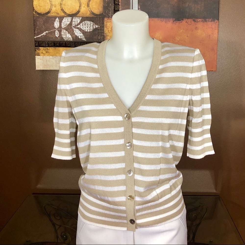 St. John (YL) Tan and White Knit Cardigan Size P